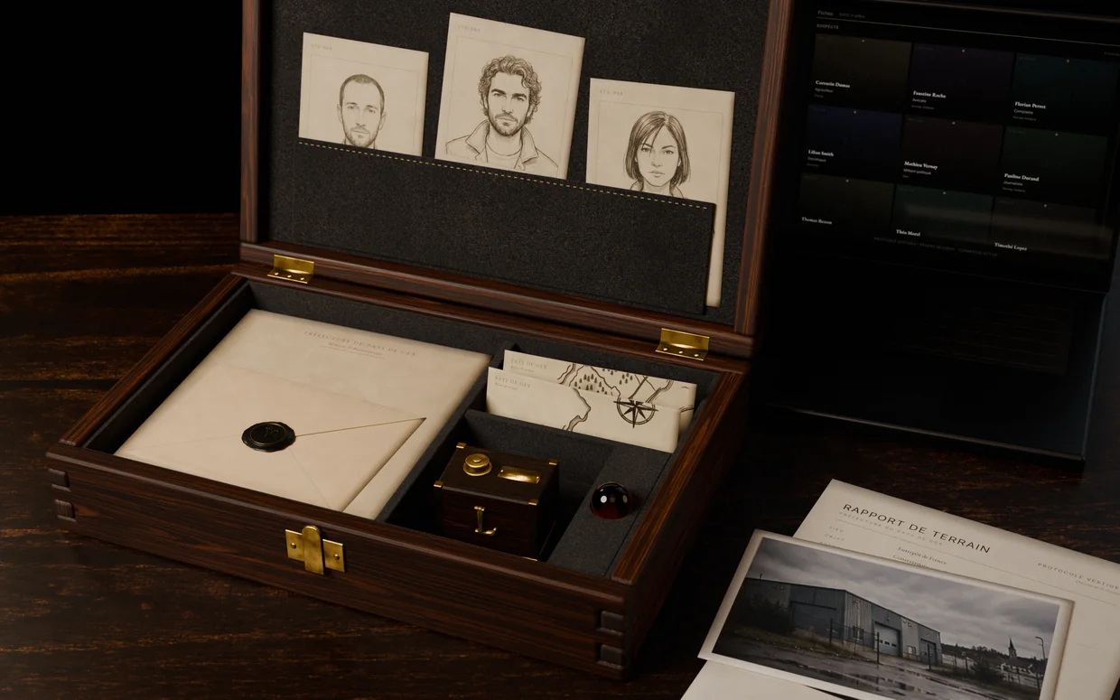 L’intérieur du coffret : la lettre sous cire noire posée sur le dossier de la Préfecture, la carte du Gex, l’Écho, une bille de verre rouge ; dans le couvercle, trois cartes-portraits de suspects dépassent d’une pochette de feutre. À côté, le rapport de terrain et une photographie de l’entrepôt.
