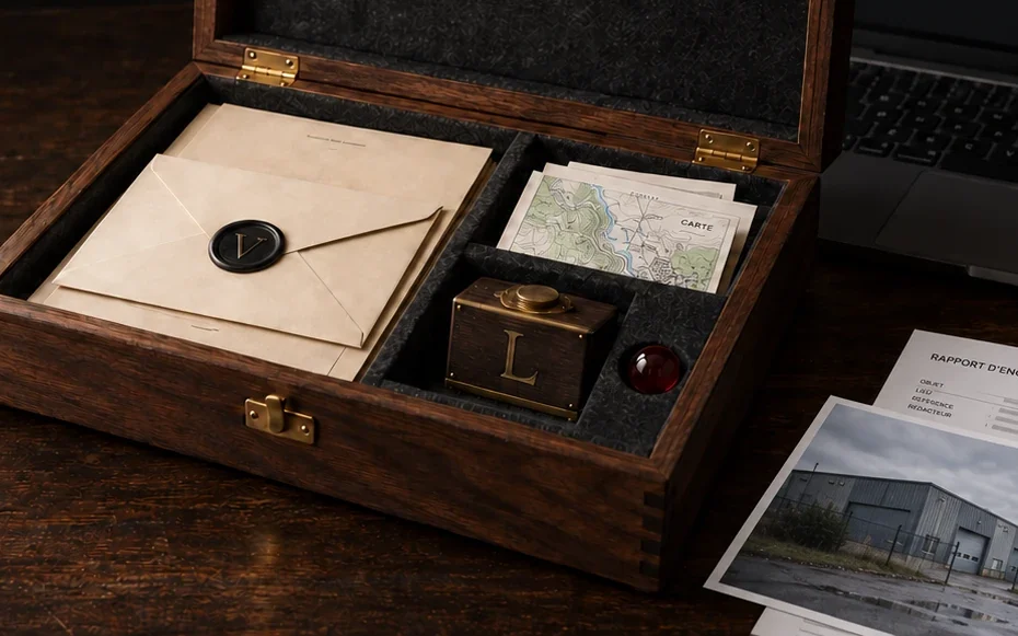 L’intérieur du coffret : la lettre sous cire noire posée sur le dossier, la carte, l’Écho, une bille de verre rouge et, à côté, le rapport de terrain et une photographie de l’entrepôt.
